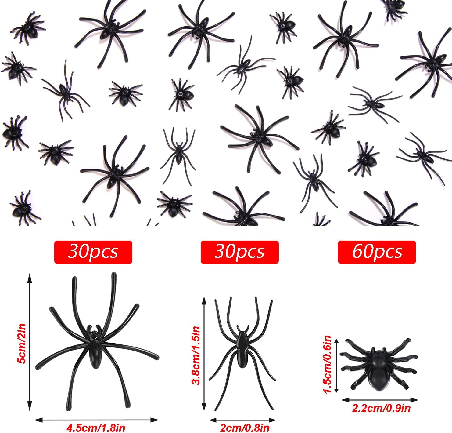 120 Pieces Realistic Plastic Spiders 3 Sizes Small Spider Toys Black Fake Spiders Halloween Prank Props for Halloween Home Party Decorations