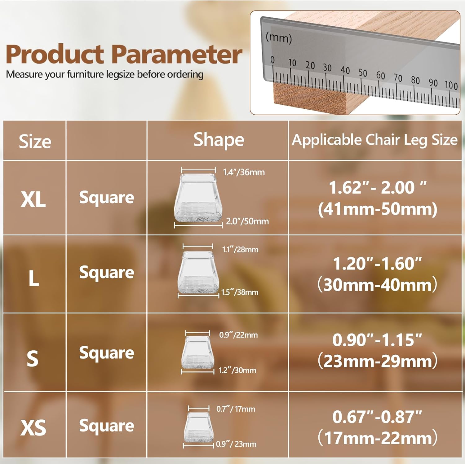 2024 New Square Chair Leg Floor Protectors, Furniture Sliders for Chair Legs, Chair Leg Protectors for Hardwood Floors, Felt Furniture Pads Floor Protectors, Silicone Chair Leg Caps Covers, X-Small