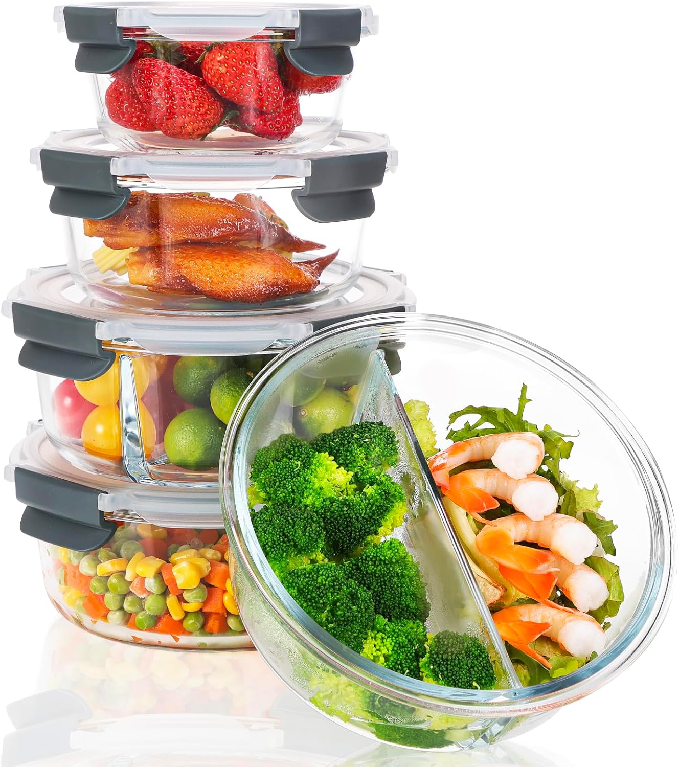 Moretoes 10pc Glass Food Storage Container with Lid, Gray Round Single and 2 Compartment Glass Meal Prep Containers, Airtight Glass Lunch Boxes for Leak Proof, Microwave, Oven, Freezer, Dishwasher