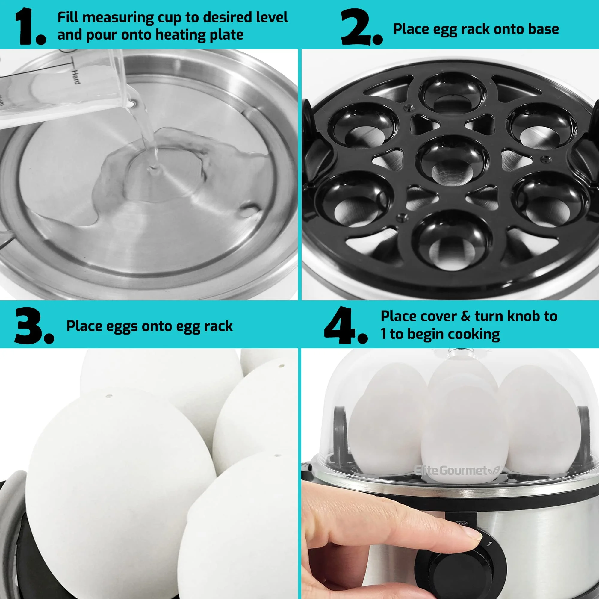 Elite Gourmet EGC648 Easy Electric Poacher, Omelet Eggs & Soft, Medium, Hard-Boiled Egg Boiler Cooker with Auto Shut-Off and Buzzer, Measuring Cup Included, BPA Free, Stainless Steel 7 Egg