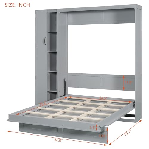 Harper & Bright Designs Queen Size Murphy Bed Wall Bed with Storage Shelves, Wardrobe and LED Lights, Space-Saving for Multipurpose Guest Room or Home Office, Gray