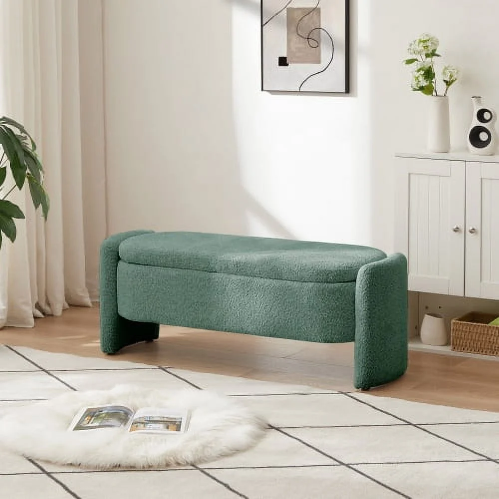 Ottoman Oval Storage Bench 3D Lamb Fleece Fabric Bench with Large Storage Space - Green