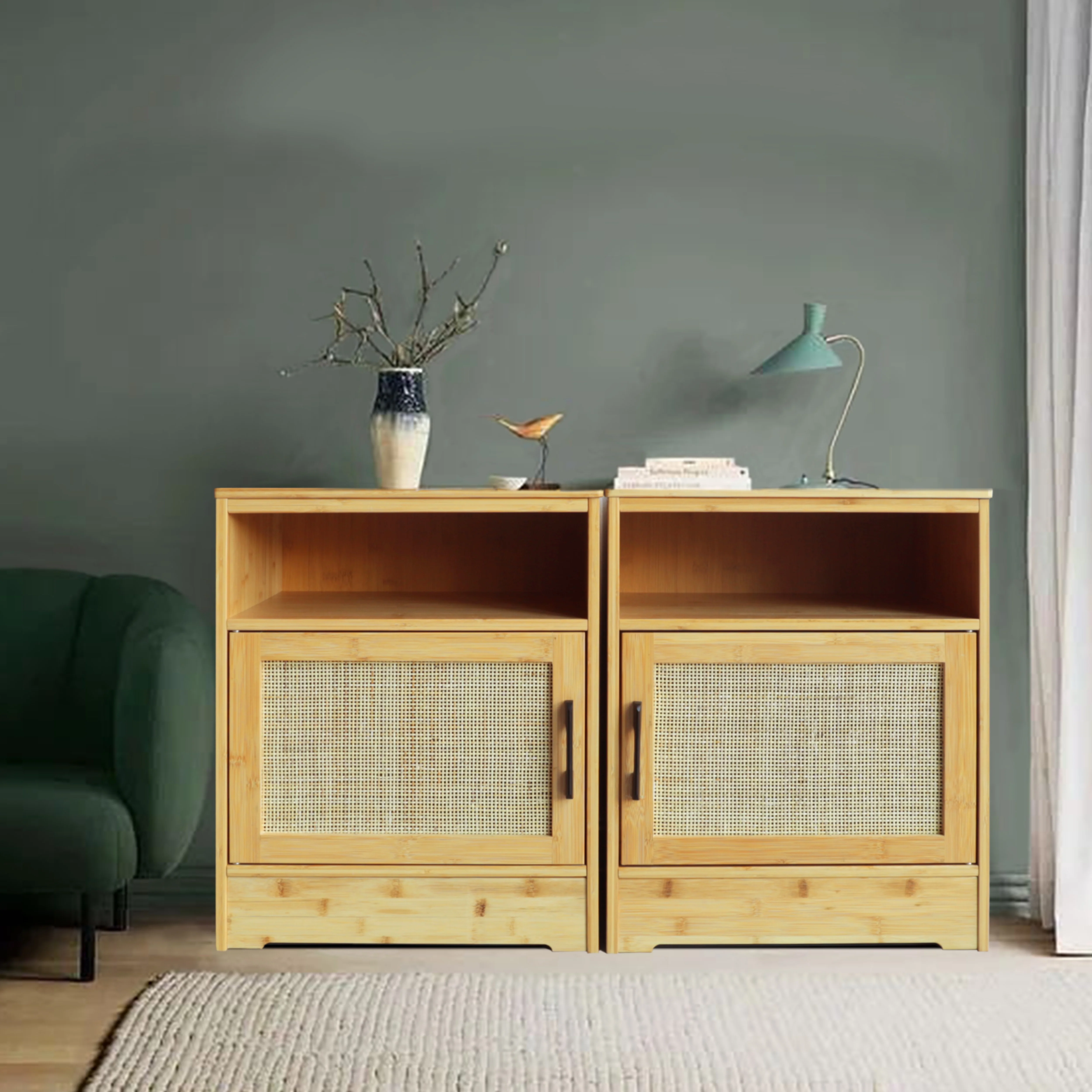 VEIKOUS Bamboo Nightstand Set of 2 w/ Waterproof Plate & Handmade Rattan Door, Multifunctional Beside Table for Bedroom