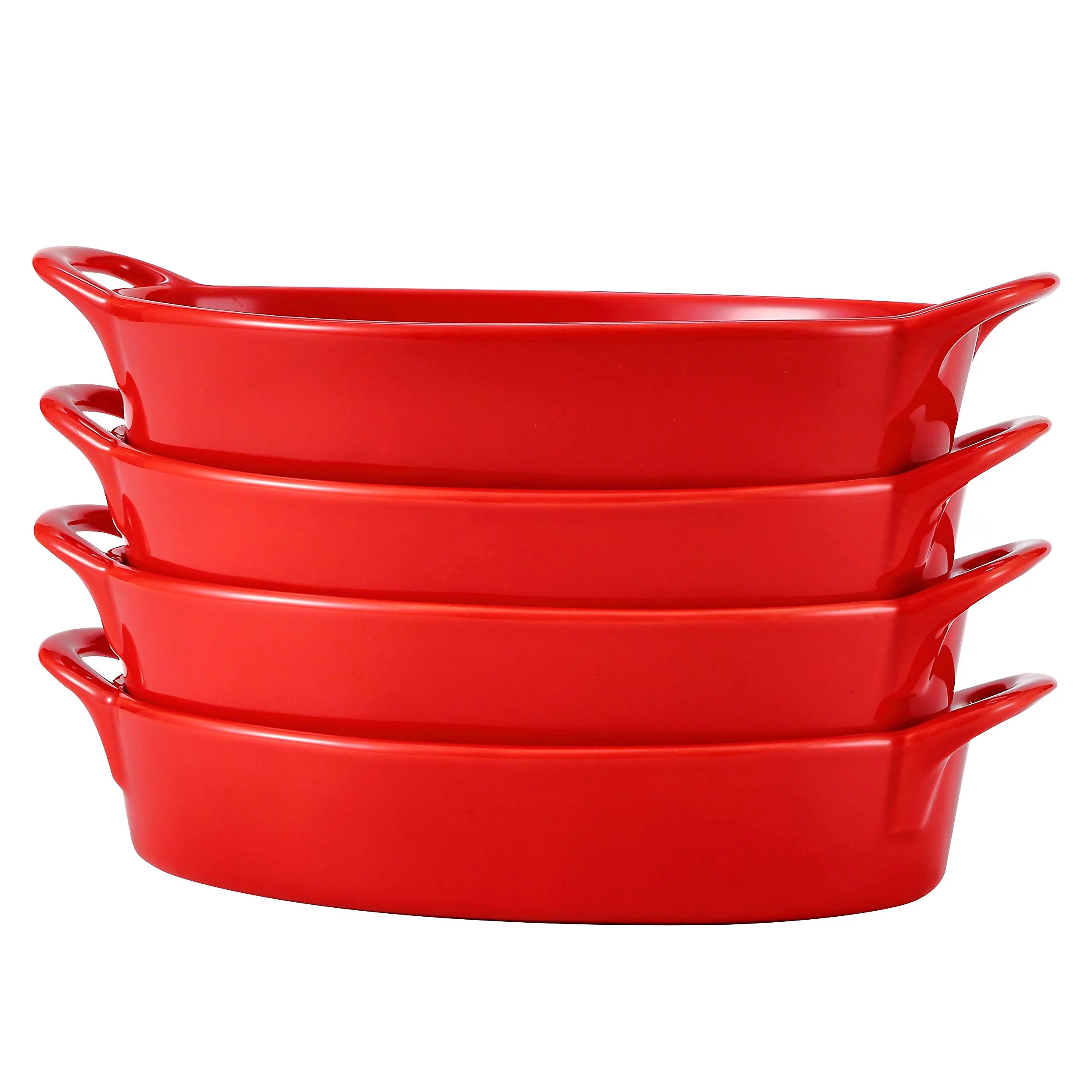Bruntmor Set of 4 Oval Au Gratin Baking Dishes, Lasagna Pan, Porcelain Bakeware Ideal for Creme Brulee easy cary handles nice table Serving dish, Red