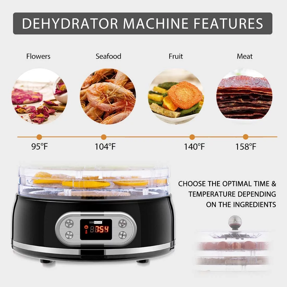 VIVOHOME Electric 400W 5 Trays Round Food Dehydrator Machine with Digital Timer and Temperature Control for Fruit Vegetable Meat Beef Jerky Maker BPA Free, Black