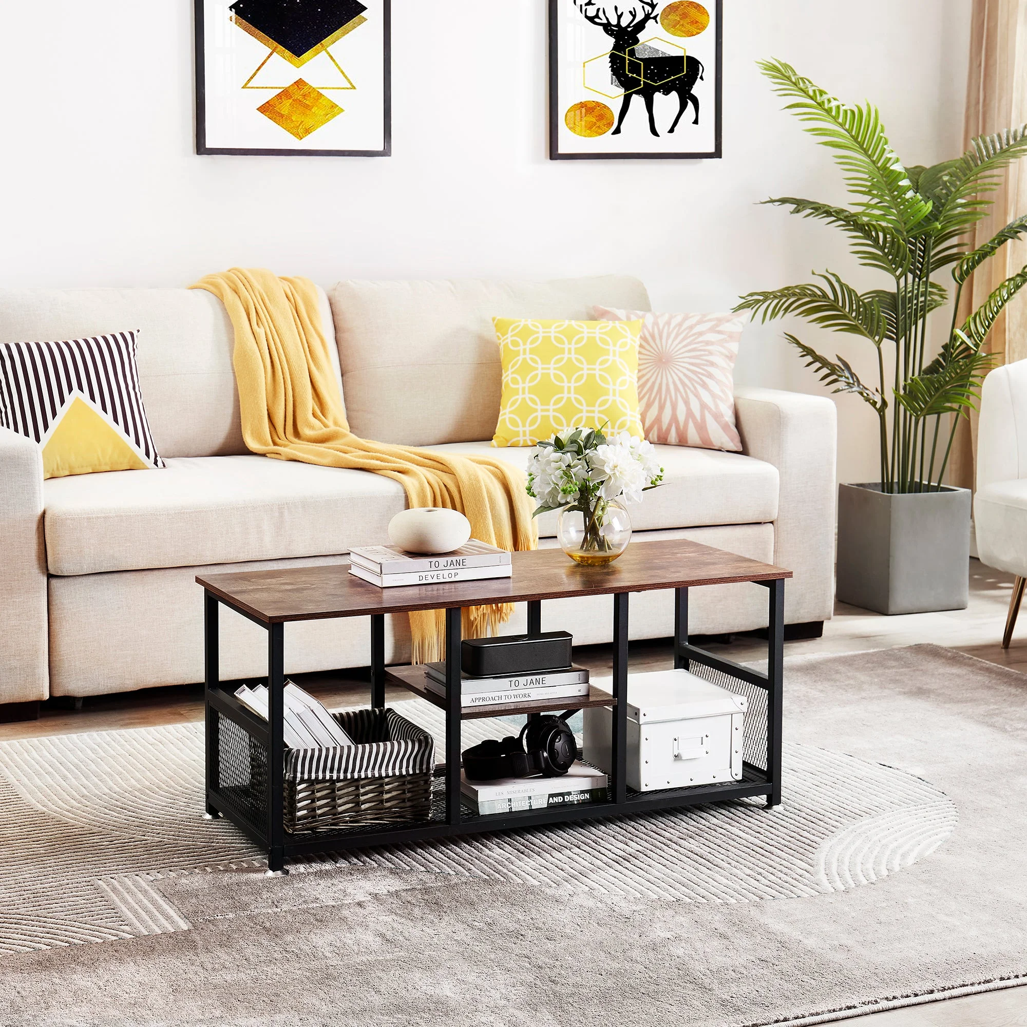 VECELO 3 Piece Coffee Table and End Table Set for Living Room, Black