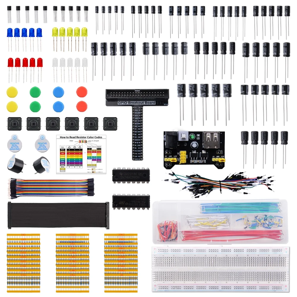 52Pi Electronics Component Fun Kit with Power Supply Module, Breadboard, T-Type GPIO Extension Module, Jumper Wires, LED, Compatible with Arduino, Raspberry Pi,STM32,Orange Pi, Banana Pi, Rock Pi