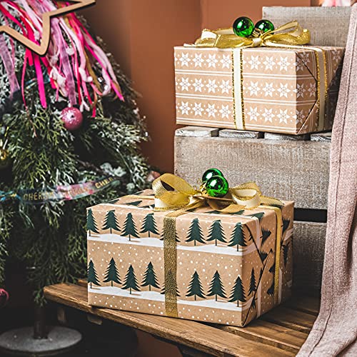 RUSPEPA Christmas Kraft Wrapping Paper - Owl, Reindeer, Christmas Ball and Text Design - 4 Rolls - 30 inches x 10 feet per Roll