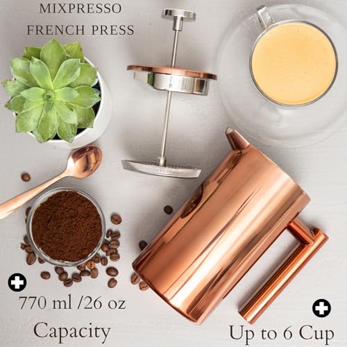 Mixpresso Stainless Steel French Press Coffee Maker 27 Oz 800 ml, Double Wall Insulated French Press Stainless Steel, Easy Clean Tea Brewer, Easy Press Durable Metal Coffee Press