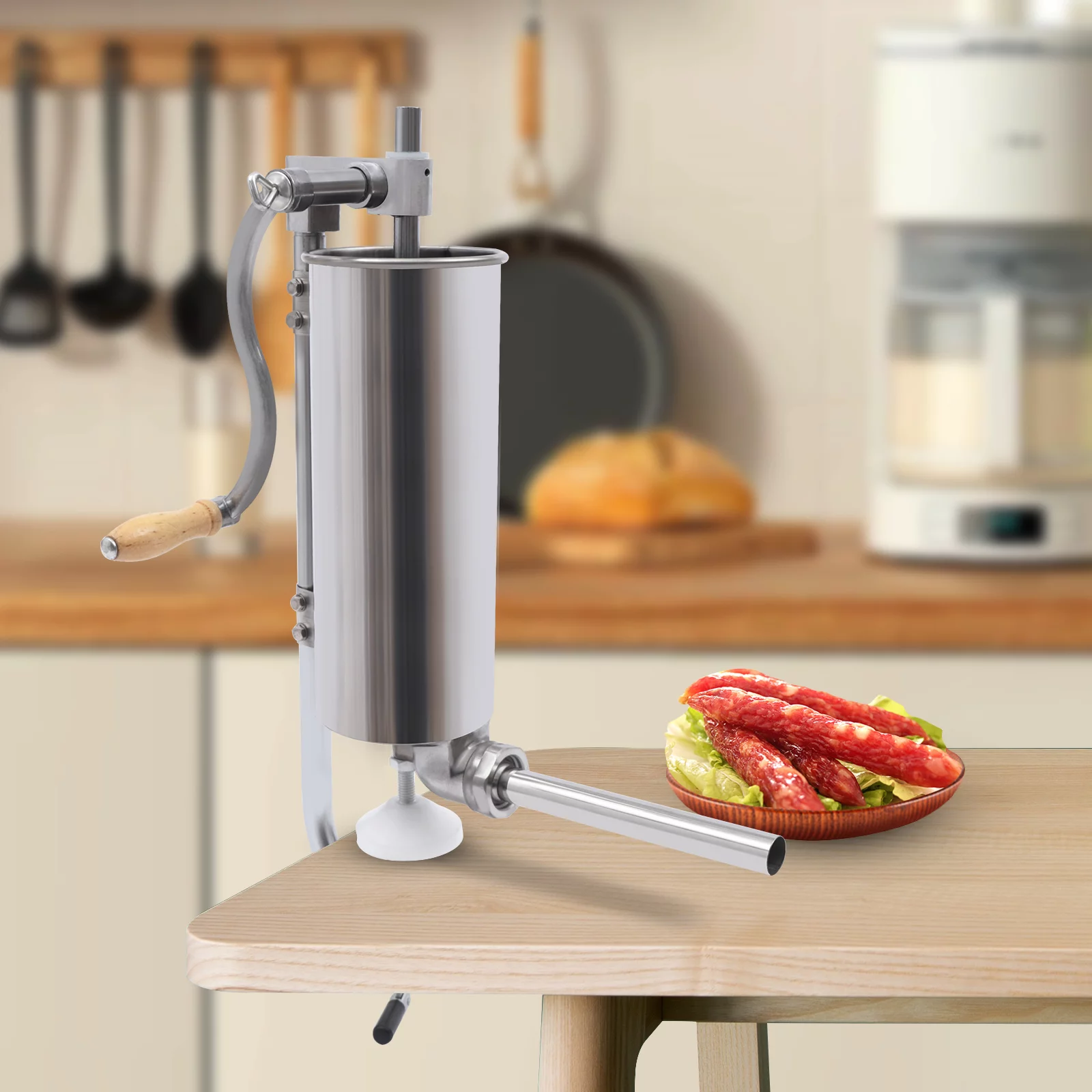 Oukaning anual Sausage Stuffer Maker 6LBS/3L Stainless Steel Vertical Sausage Maker 4 Tubes Home/Commercial Use