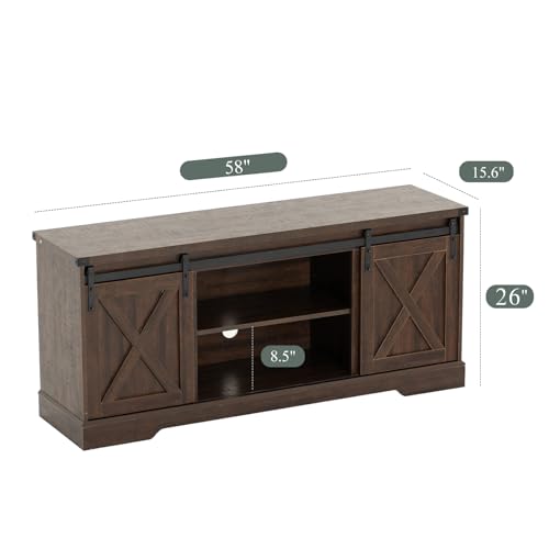 St.Mandyu Farmhouse TV Stand for TVs up to 65 inch, Wood Entertainment Center with Sliding Barn Doors, Media Console Storage Cabinets with Adjustable Shelves for Living Room Bedroom Office, Brown