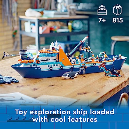 LEGO City Arctic Explorer Ship 60368 Building Toy Set, Fun Toy Gift for 7 Year Old Boys and Girls, with a Floatable Boat, Helicopter, Dinghy, ROV Sub, Viking Shipwreck, 7 Minifigures and an Orca