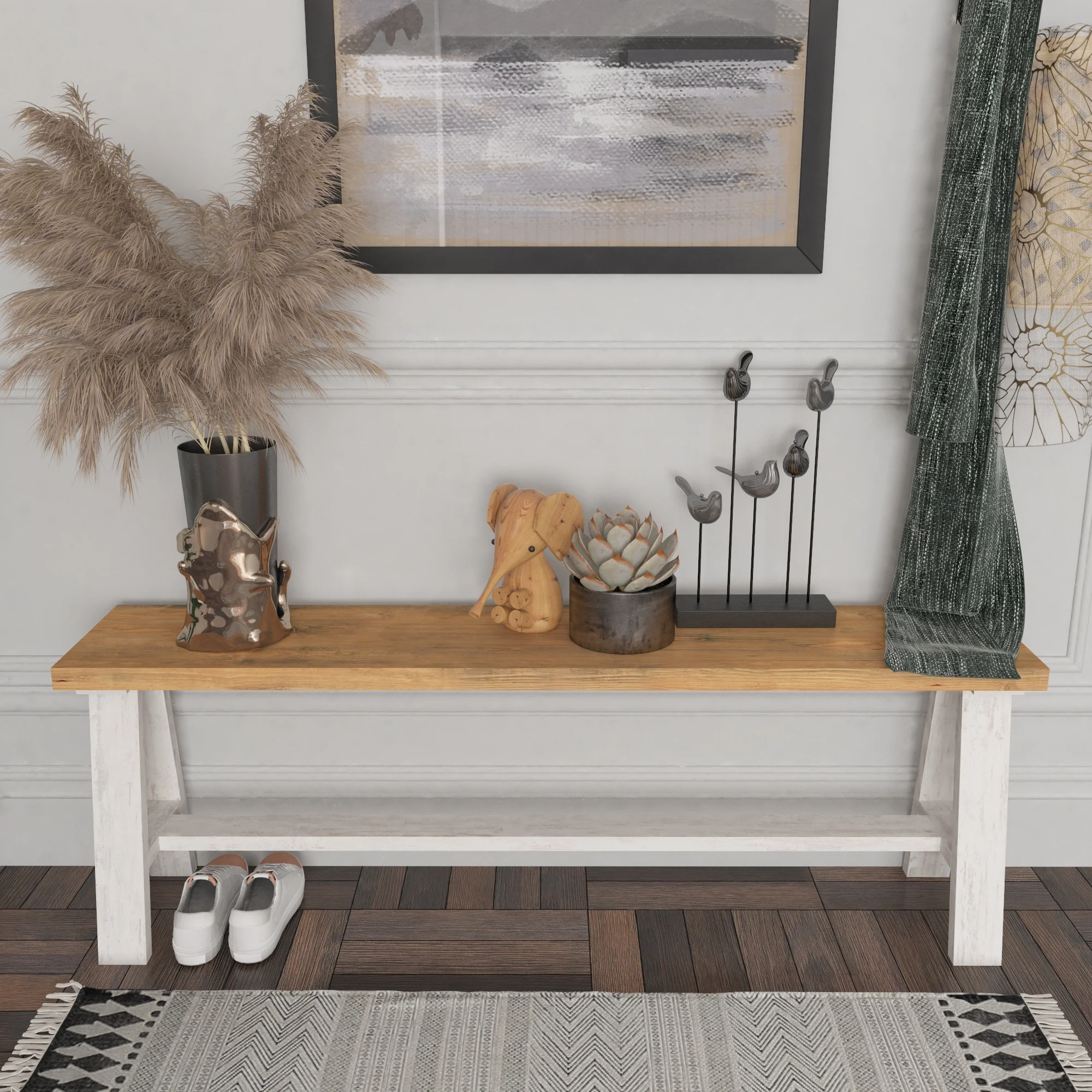 Woven Paths Simple Pine Wood Bench, Large Light Brown and White