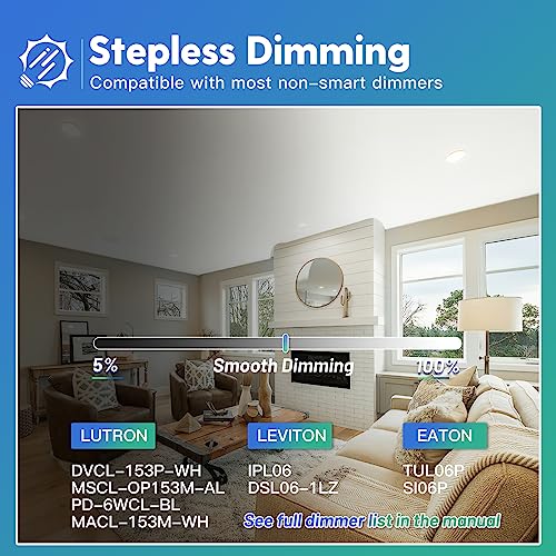 6 Pack 6 Inch 5CCT Ultra-Thin LED Recessed Ceiling Light with Junction Box, 2700K/3000K/3500K/4000K/5000K Selectable, 1050LM Brightness, Dimmable Canless Wafer Downlight, 12WEqv110W, ETL&FCC