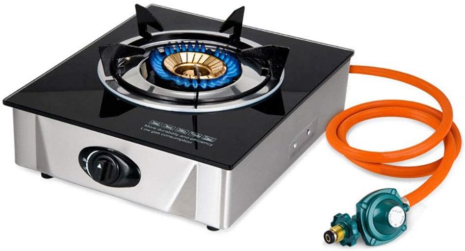 Single Propane Gas Burner Stove with Auto Ignition Tempered Glass Top Hose & Regulator for Camping and Outdoor Cooking (One Burner)