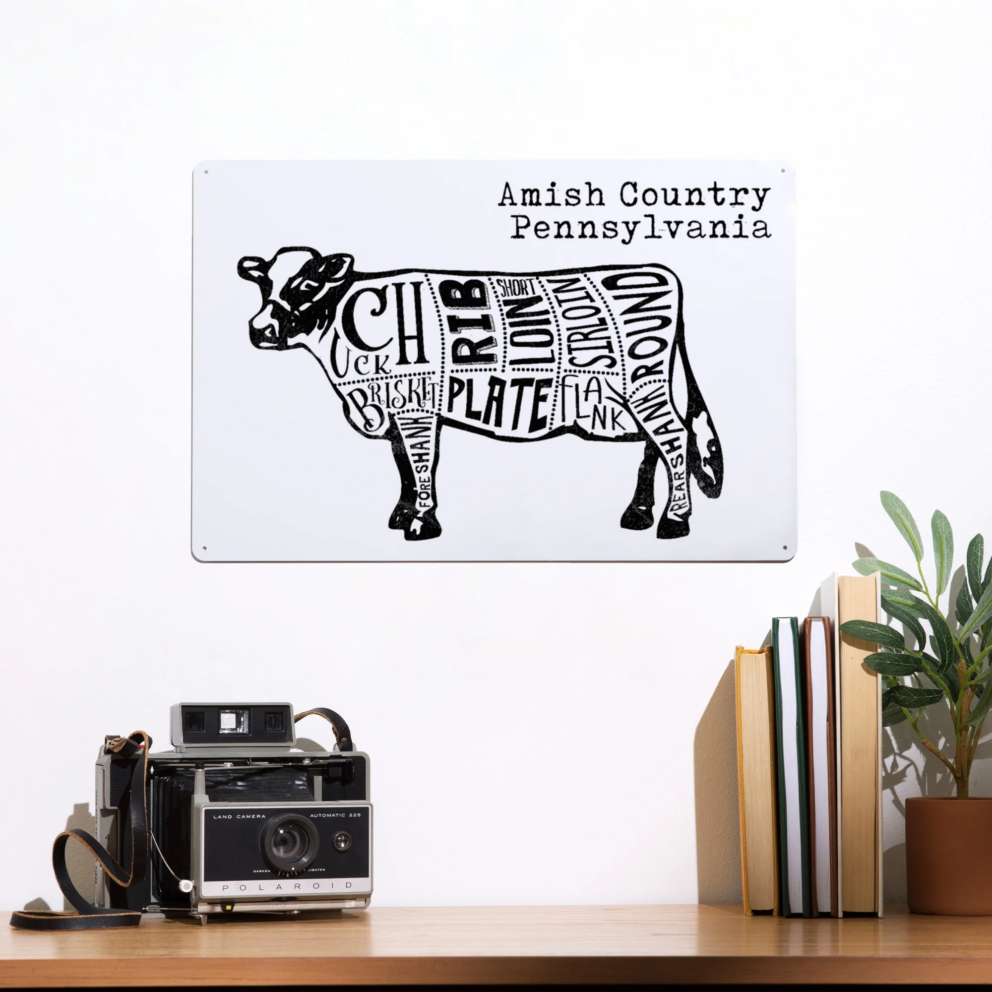 Amish Country, Pennsylvania, Butchers Block Meat Cuts, Black Cow on White Press (12x18 Aluminum Art, Indoor Outdoor Metal Sign Decor)