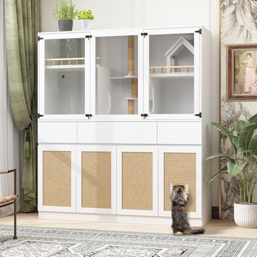 Large Cat Litter Box Enclosure Furniture Hidden with Scratch Post,Stairs, Cat Condo House for 2 Cats, Cat Cabinet with Storage Drawers,Shelves, Sisal Doors for Living Room, White