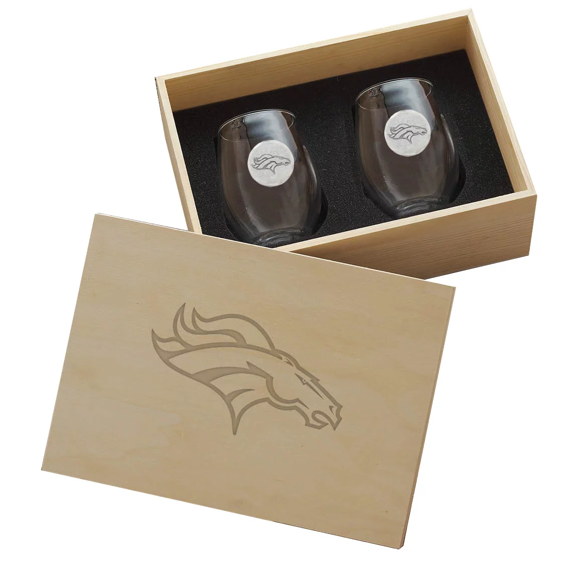 Denver Broncos Two-Piece Stemless Wine Glass Set with Collector's Box