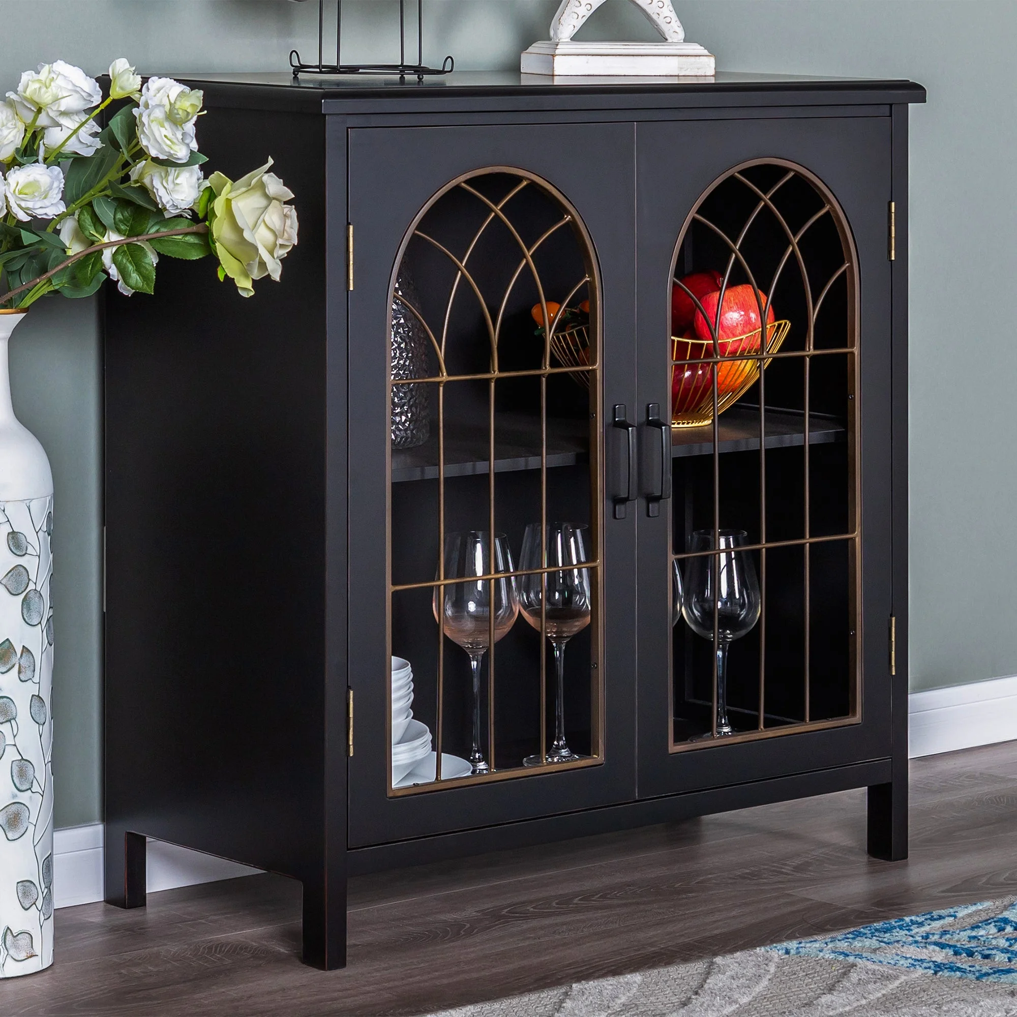 Sophia & William 2-Door Accent Cabinet with Metal Church Window Door for Entryway,Living Room,Bedroom-Black