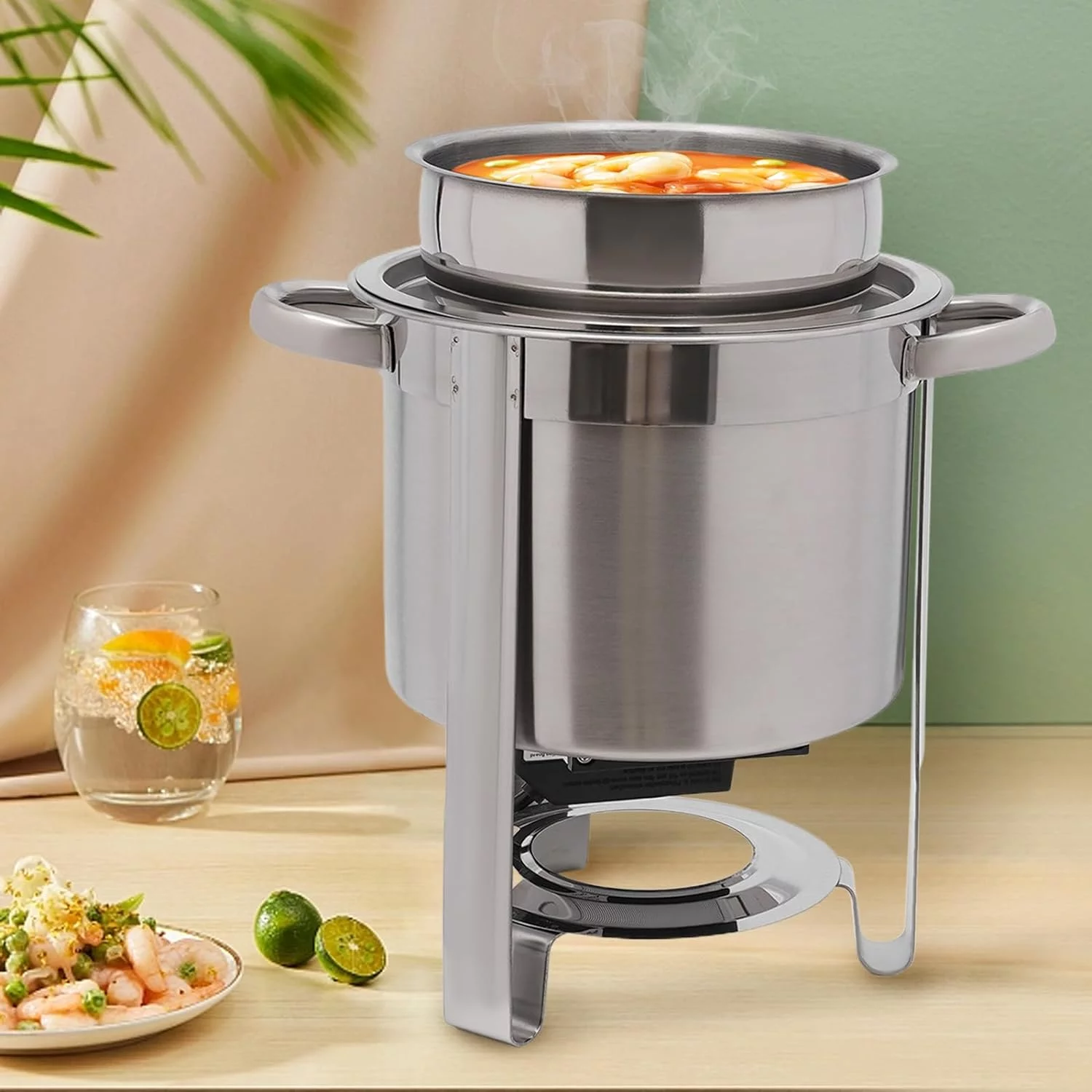 MIDUO 4.23-Quart Stainless Steel Round Soup Warmer With Pot Lid and Electric Heating Plate