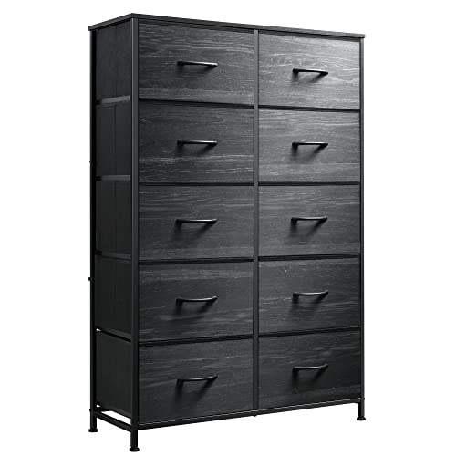 WLIVE Black Tall Dresser for Bedroom with 10 Drawers, Chest of Drawers, Dressers Bedroom Furniture, Storage Organizer Unit with Fabric Bins for Closet, Hallway, Living Room