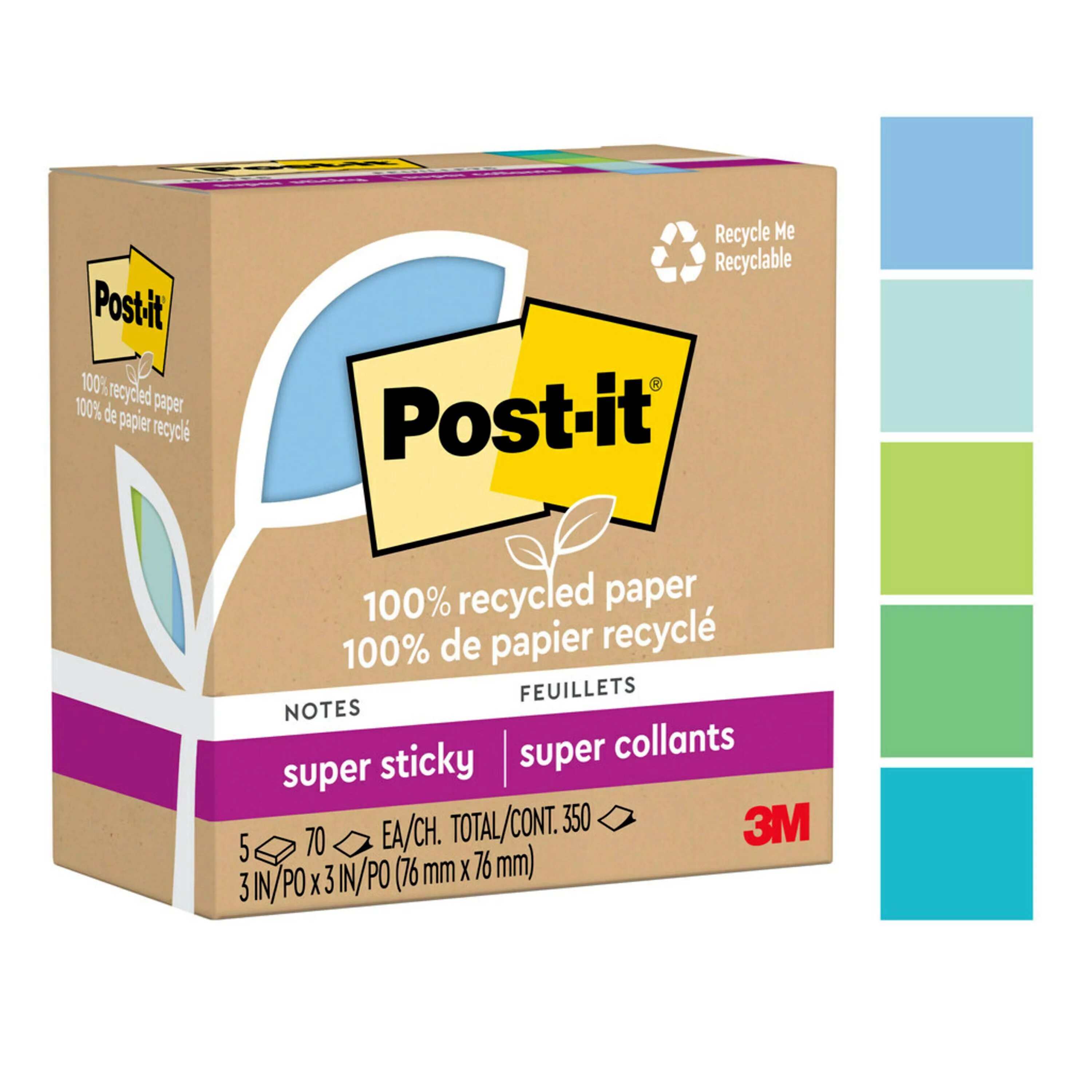 Post-it 100% Recycled Paper Super Sticky Notes, Oasis, 5 Pads