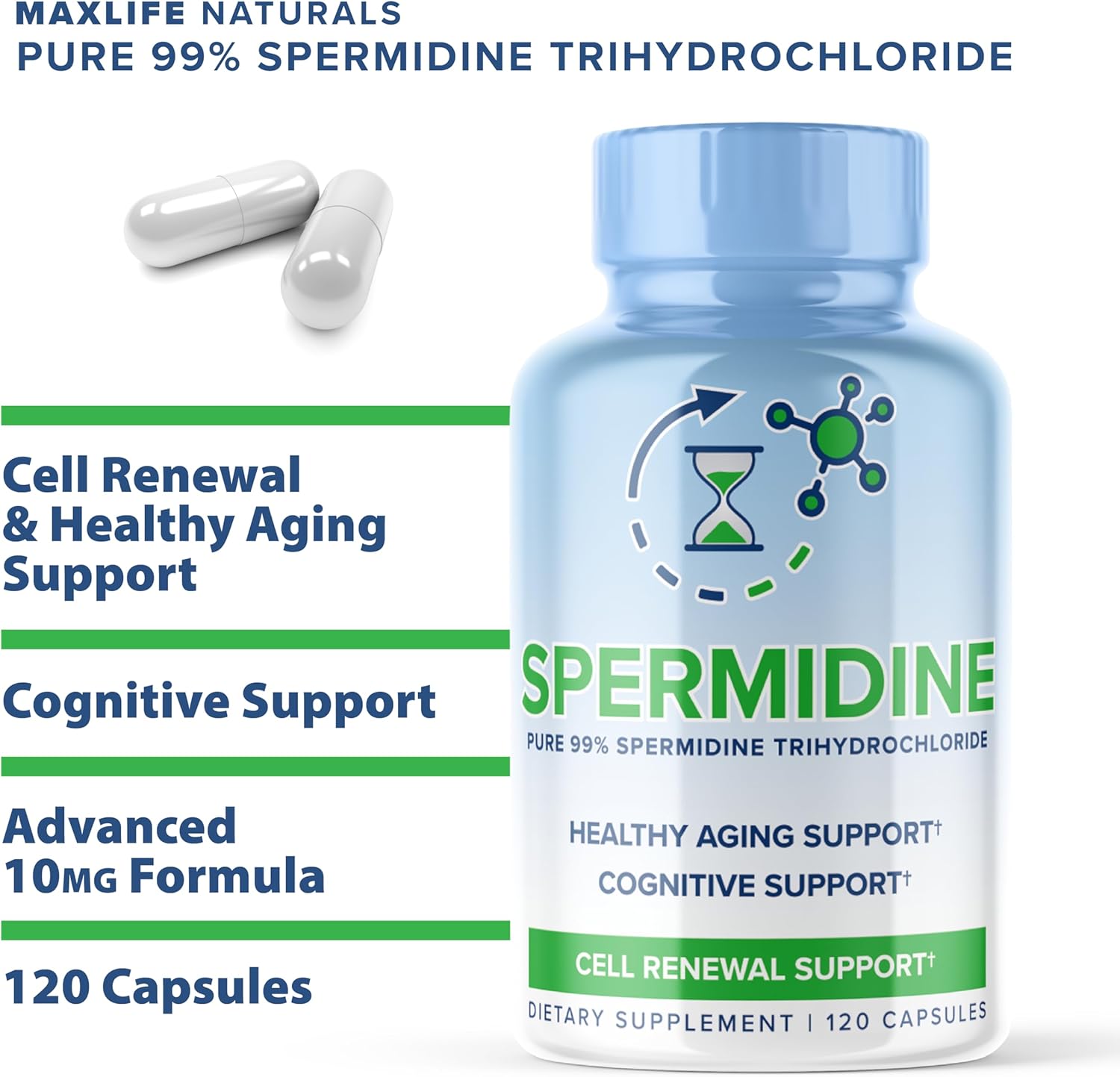 Spermidine Supplement 1200mg - 99% Pure Spermidine 3HCL (Spermidine Trihydrochloride 100x More Potent than Wheat Germ Extract) - for Cellular Membrane Health, Telomere Health and Aging - 120 Servings