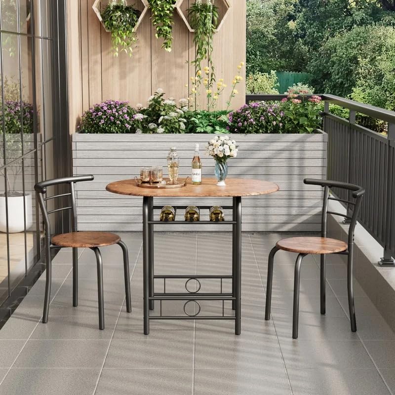 Shahoo 3-Piece Wooden Dining Table Set, Kitchen Breakfast Nook Sets with 2 Chairs & Round Tabletop, Space Saving Furniture Metal Frame and Built-in Wine Rack, Walnut