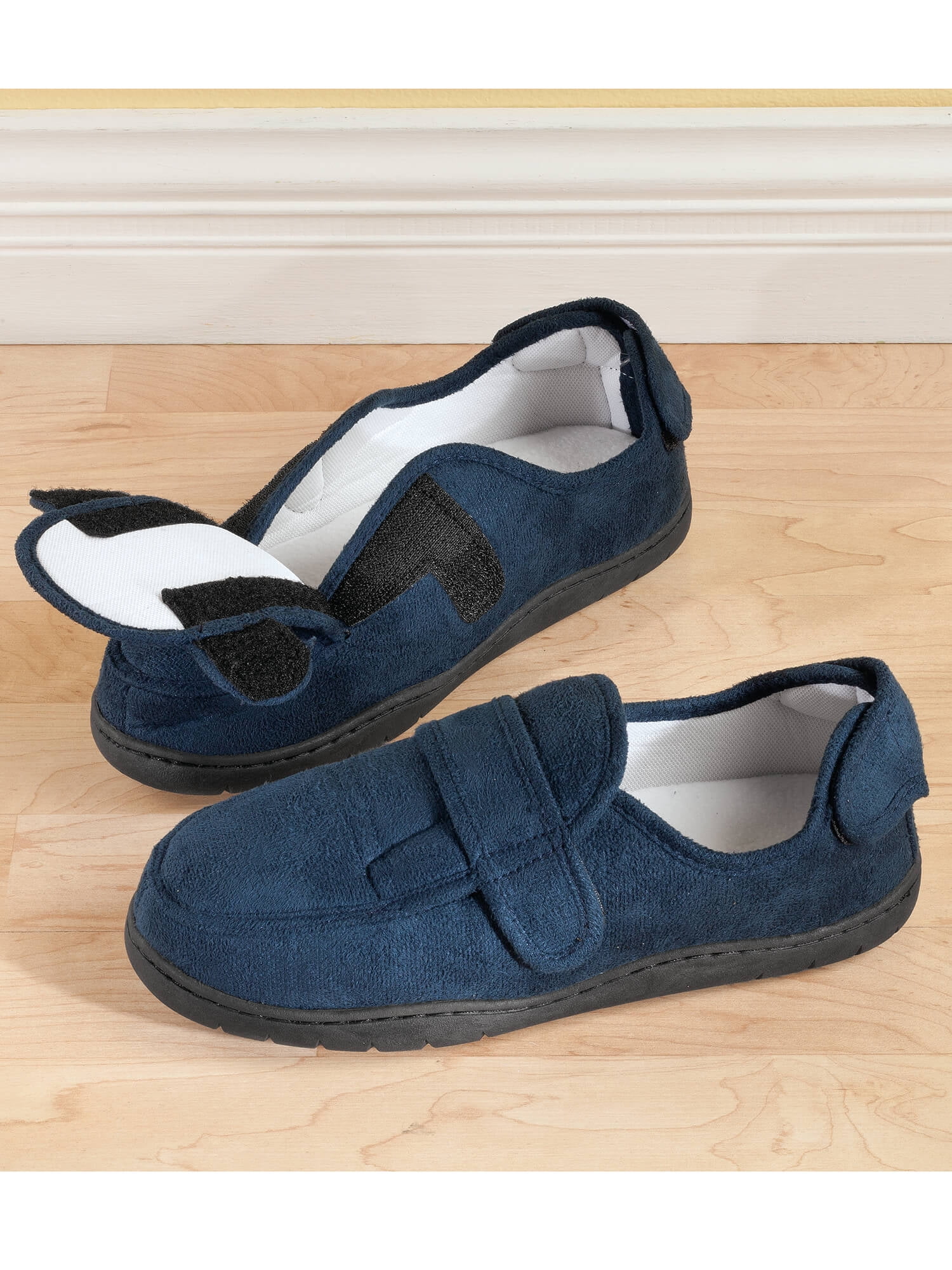 Plush Memory Foam Slippers, Adjustable for Custom Fit, Unisex, Navy Blue, Large