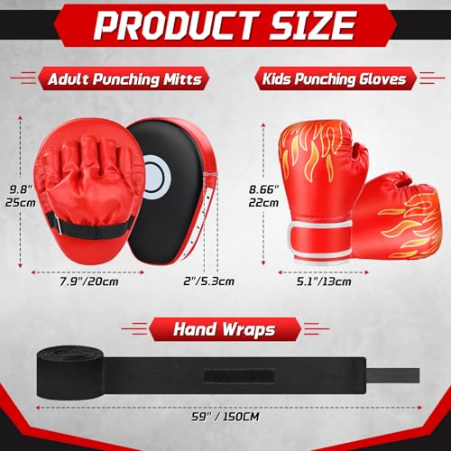 3-in-1 Boxing Gloves and Punching Mitts Set for Kids Youth, Kids Boxing Gloves Curved Punching Pads with Hand Wraps, Focus Mitts Boxing Equipment Set for Boxing Training MMA Karate Muay Thai Taekwondo