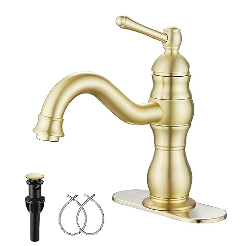 GGStudy 360° Swivel Antique Brass Bathroom Vessel Sink Faucet Single Handle One Hole Matching with Pop Up Drain