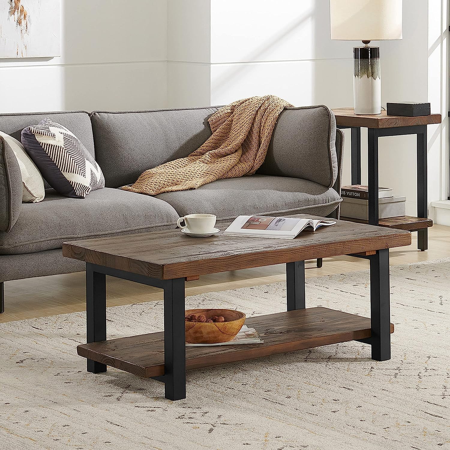 Furniture Pomona Rustic Industrial Modern Vintage Metal and Solid Wood Coffee Table  Easy Assembly  42 in x 24 in x 18 in  Brown