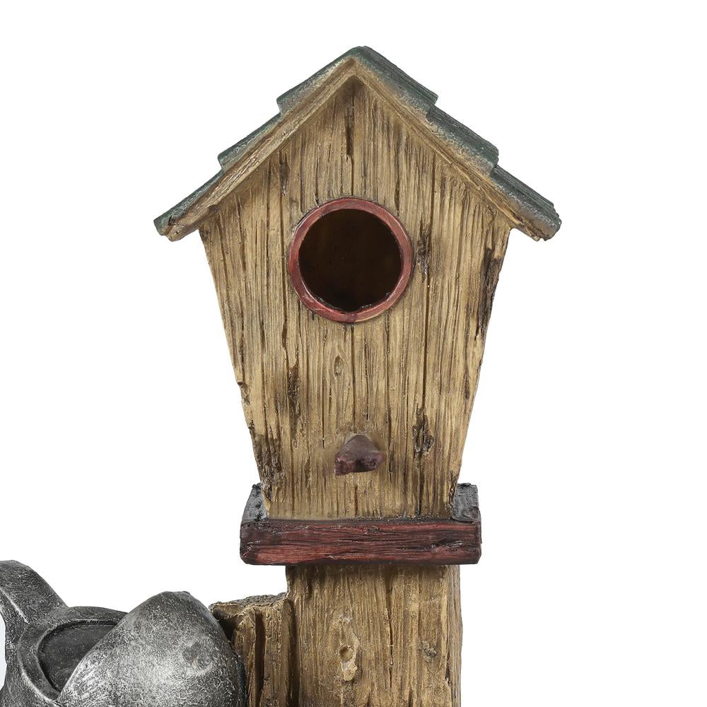 LuxenHome Polyresin Bird House Post and Water Can Patio Fountain