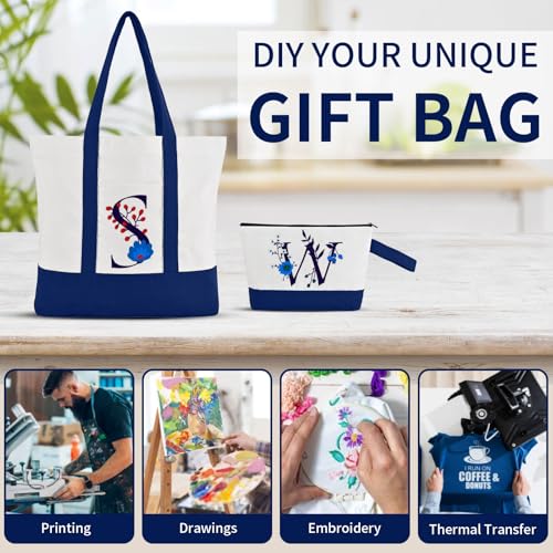 16 Pack Canvas Tote Bags Bulk and Makeup Pouches Set, 12oz Cotton Reusable Zippered Grocery Bags with Handles, DIY Sublimation, Halloween Craft, Beach & Travel with External Pocket (Women & Men)