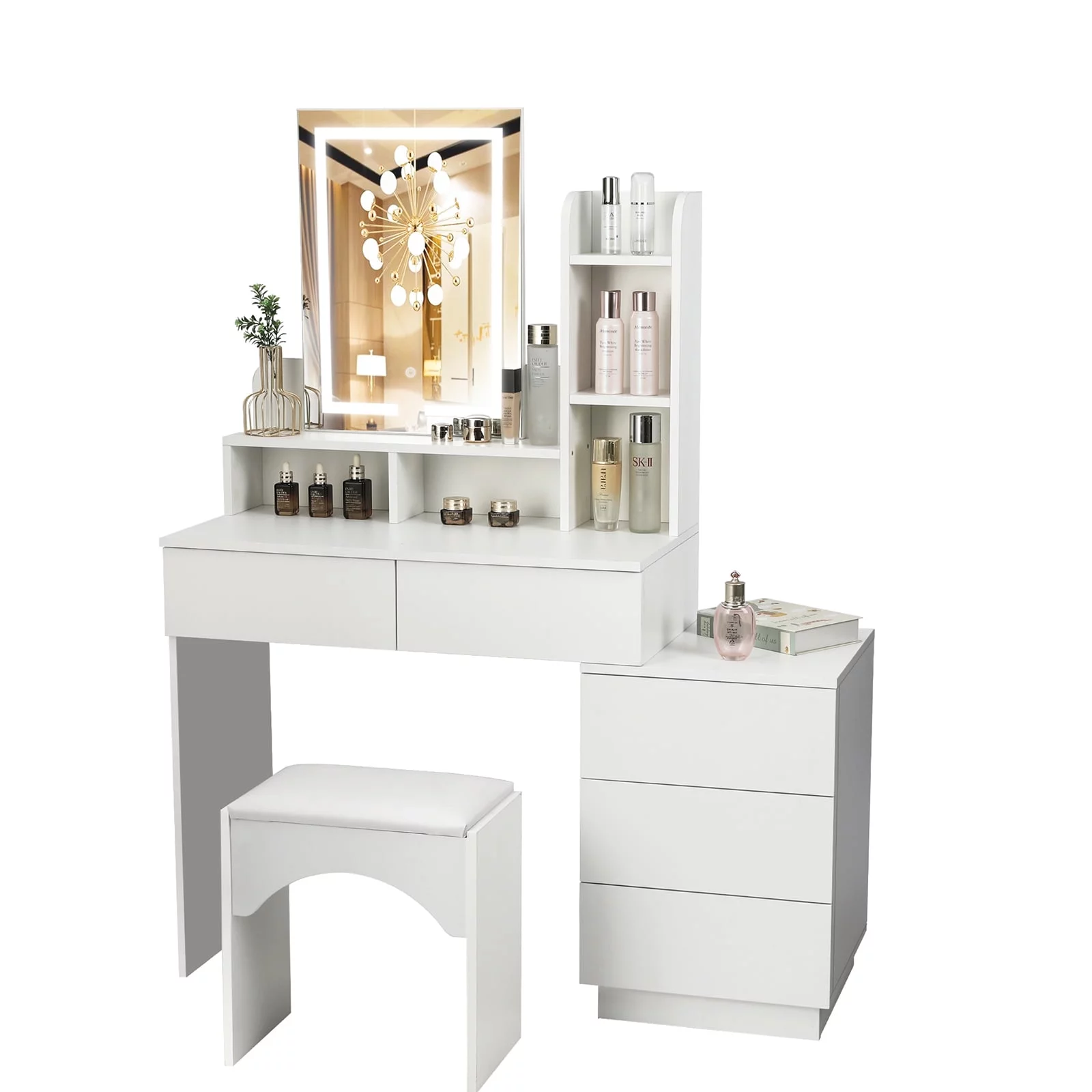 Vanity Table Set with Lighted Mirror, Makeup Table with 5 Drawers, Dressing Vanity Tables, Dresser Desk for Girls Women