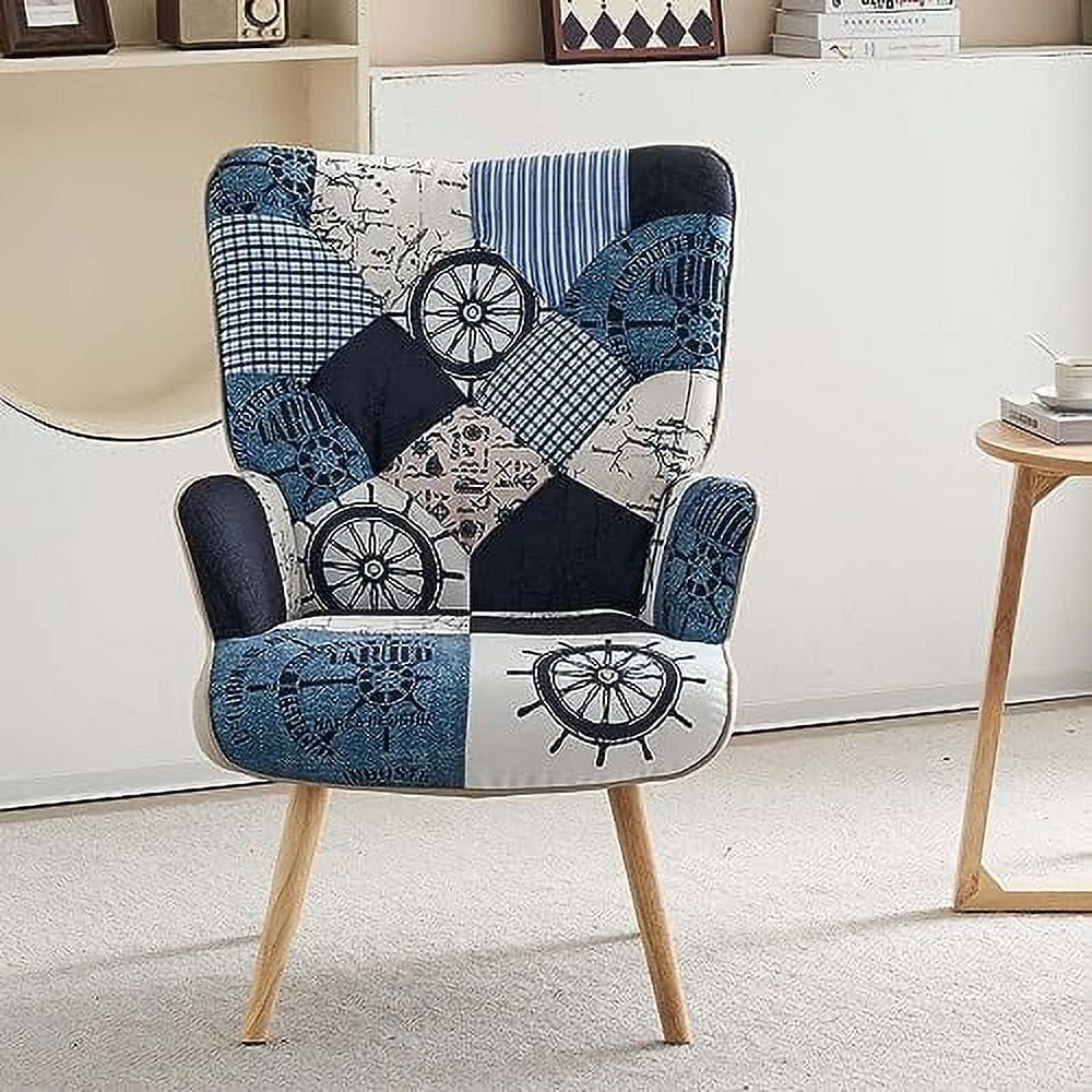 NLIBOOMLife Living Room Accent Chair with High Backrest Wooden Base Upholstered Armchair for Small Spaces Morden Cozy Chair for Bedroom Grey Plaid Bohemian Style for Bedroom Waiting Room