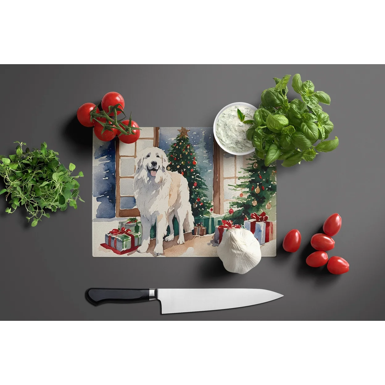 Great Pyrenees Cozy Christmas Glass Cutting Board Large 12 in x 15 in