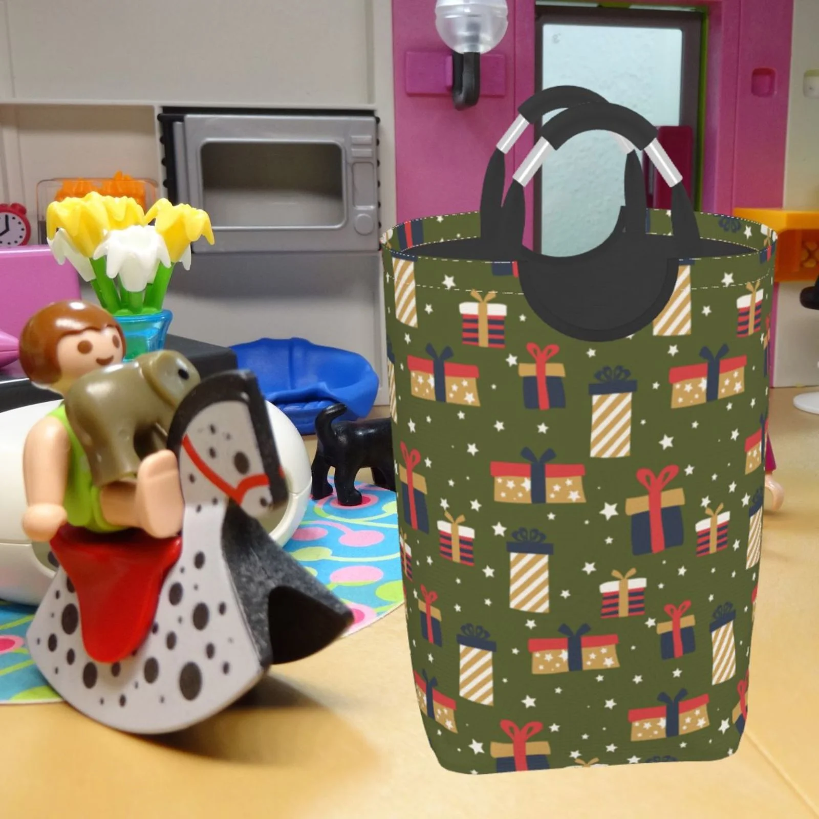 XMXT Collapsible Laundry Basket Hamper, Nice Christmas Gift Boxes Print Large Laundry Bag Clothes Hamper with Aluminum Handle, 50L