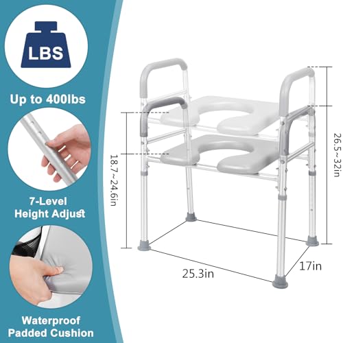 Width & Height Adjustable Raised Toilet Seat with Handles for Elderly, Toilet Seat Risers for Seniors, Toilet Riser with Handles, Elevated Toilet Seat with Handles, Handicap Toilet Seat Riser