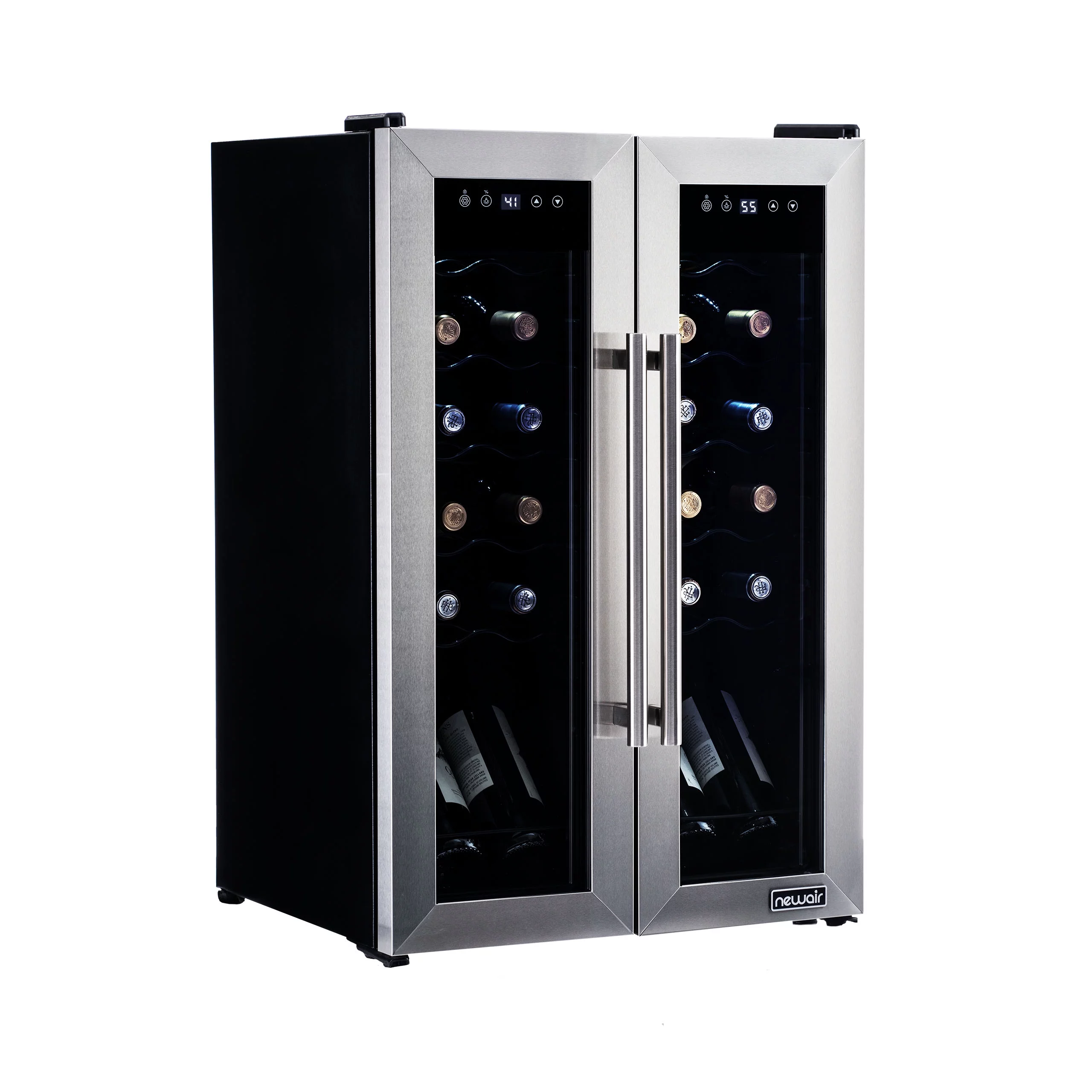 Newair 24 Bottle Wine Cooler Refrigerator, French Door Dual Temperature Zones, Freestanding Wine Fridge with Stainless Steel & Double-Layer Tempered Glass Door, Quiet Compressor Cooling