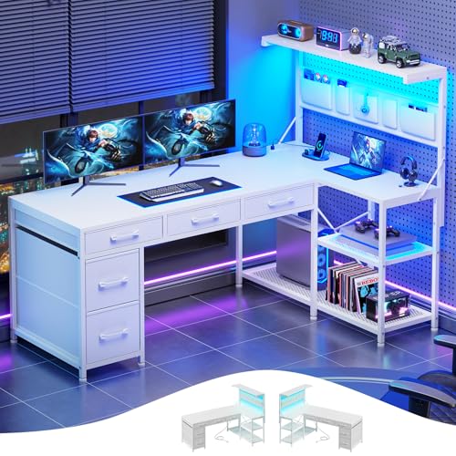 Itaar L Shaped Gaming Desk with 5 Drawers and Storage Shelves, Reversible Computer Desk with Bookshelf for Home Office, L Shaped Corner Desk with LED Lights, Power Outlets and Storage Bag, Black