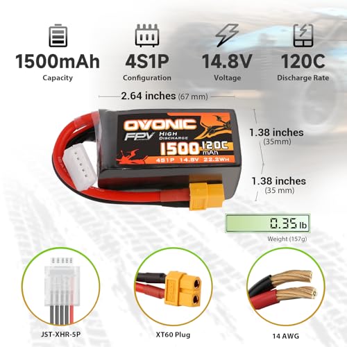 OVONIC 14.8V 120C 1500mAh 4S Lipo Battery Battery with XT60 Plug for FPV Drone Quadcopter Helicopter Airplane RC Boat RC Car RC Models(2 Pack)