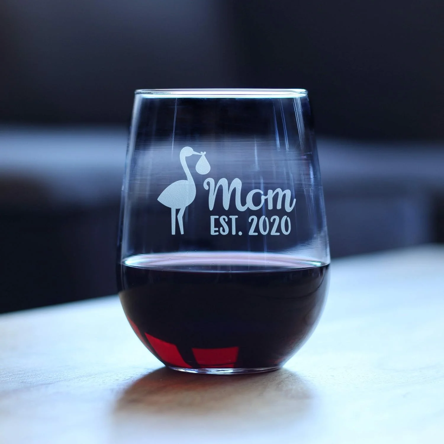 Mom Est 2020 With Stork - New Moms Stemless Wine Glass Gift For First Time Mommy - Large Glasses