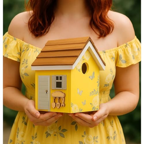 Spring Melody Bluebird House, Composite Material Nesting Box, Hanging Birdhouse for Blue Bird,Sparrow, Chickadee, Birdhouse for Outside, 5 Years Weatherable Bird Box on Post for Pole (Garden Cottage)