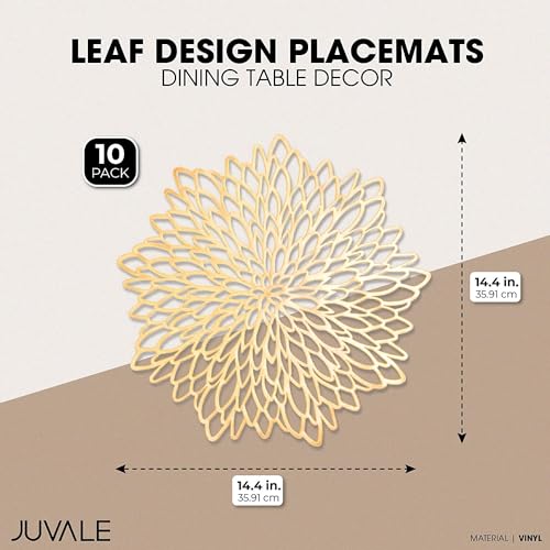 Juvale Gold Placemats - 14.4-Inch Round Vinyl with Leaf Design, Pack of 10 - Table Chargers for Dinner Table Decor