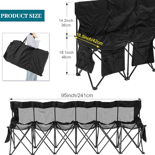 Kigley Portable 6 Seater Folding Team Sideline Sports Bench with Mesh Seat and Back, Sports Team Bench for Soccer Football Sidelines, Tailgating, Camping Events 100''L 32''H 16''W(Black)