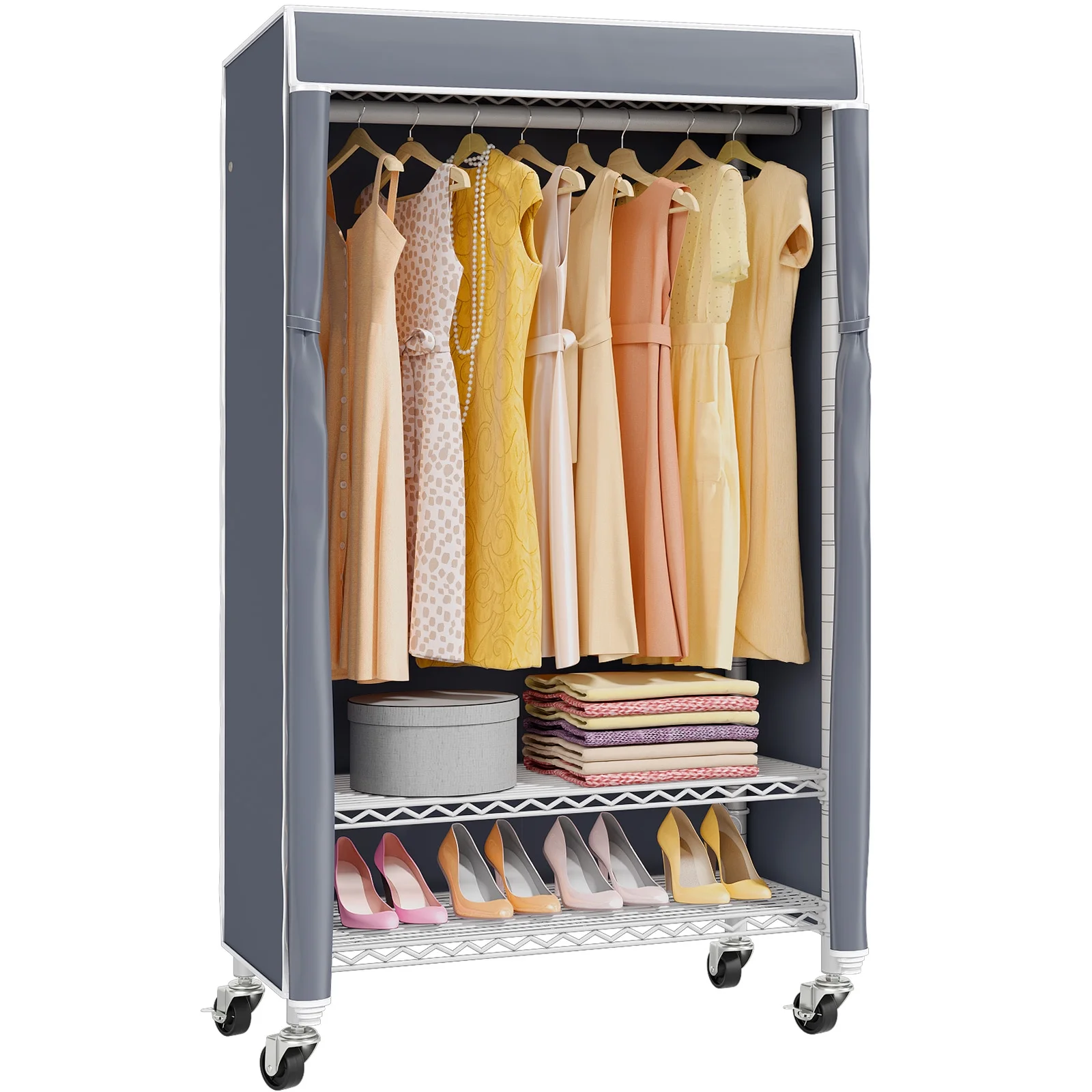 VIPEK R1C Plus Rolling Clothes Rack with Cover Portable Closet, White Closet Rack with Gray Cover