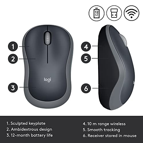 Logitech M185 Wireless Mouse, 2.4GHz with USB Mini Receiver, 12-Month Battery Life, 1000 DPI Optical Tracking, Ambidextrous PC/Mac/Laptop - Swift Grey