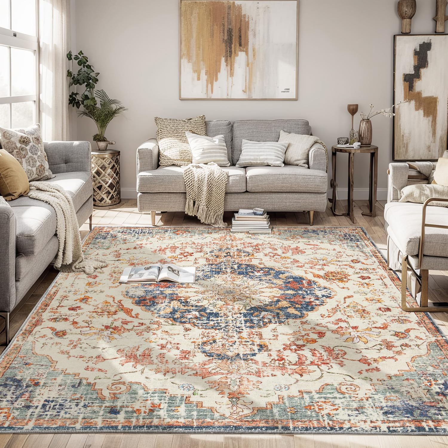 Large Washable Area Rugs for Living Room - 5'x7' Boho Non Slip Bedroom Rug, Soft Low Pile Non Shedding Floor Carpet Indoor, Vintage Print Distressed Dining Room & Playroom & Nursery Room Rugs