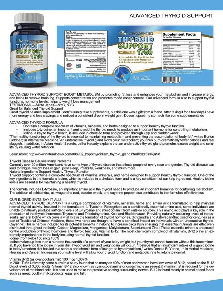 Thyroid Support Iodine B-12 Vitamin Magnesium Weight Gain -60 Capsule